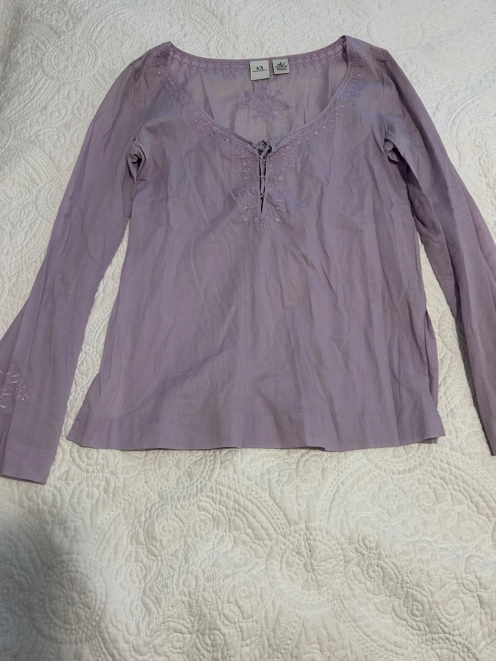A/X Armani Exchange Light Lavender Long-Sleeve Embroidered Peasant Top